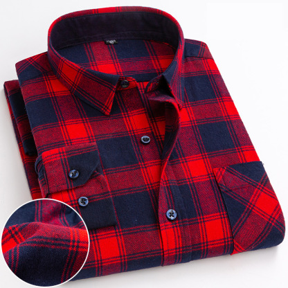 Men's Casual Plaid Shirt – Cotton Brushed, Polo Collar, All Seasons