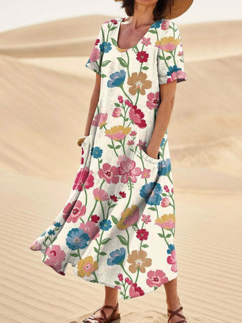 Women's Lovely Floral Art Print Casual Cotton Linen Pocket Dress