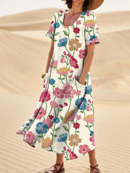 Women's Lovely Floral Art Print Casual Cotton Linen Pocket Dress