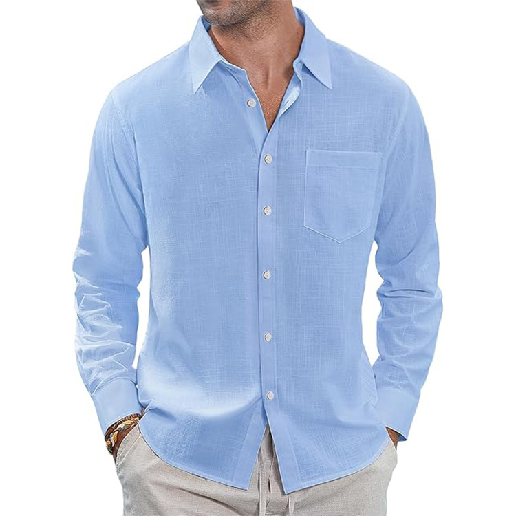 Men's Cotton and Linen Casual Button Long Sleeve Shirt