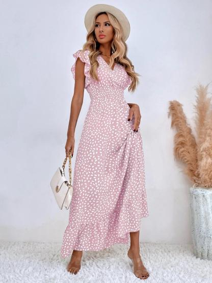 Women's Elegant Ruffle V-Neck Waist-Cinching Dress
