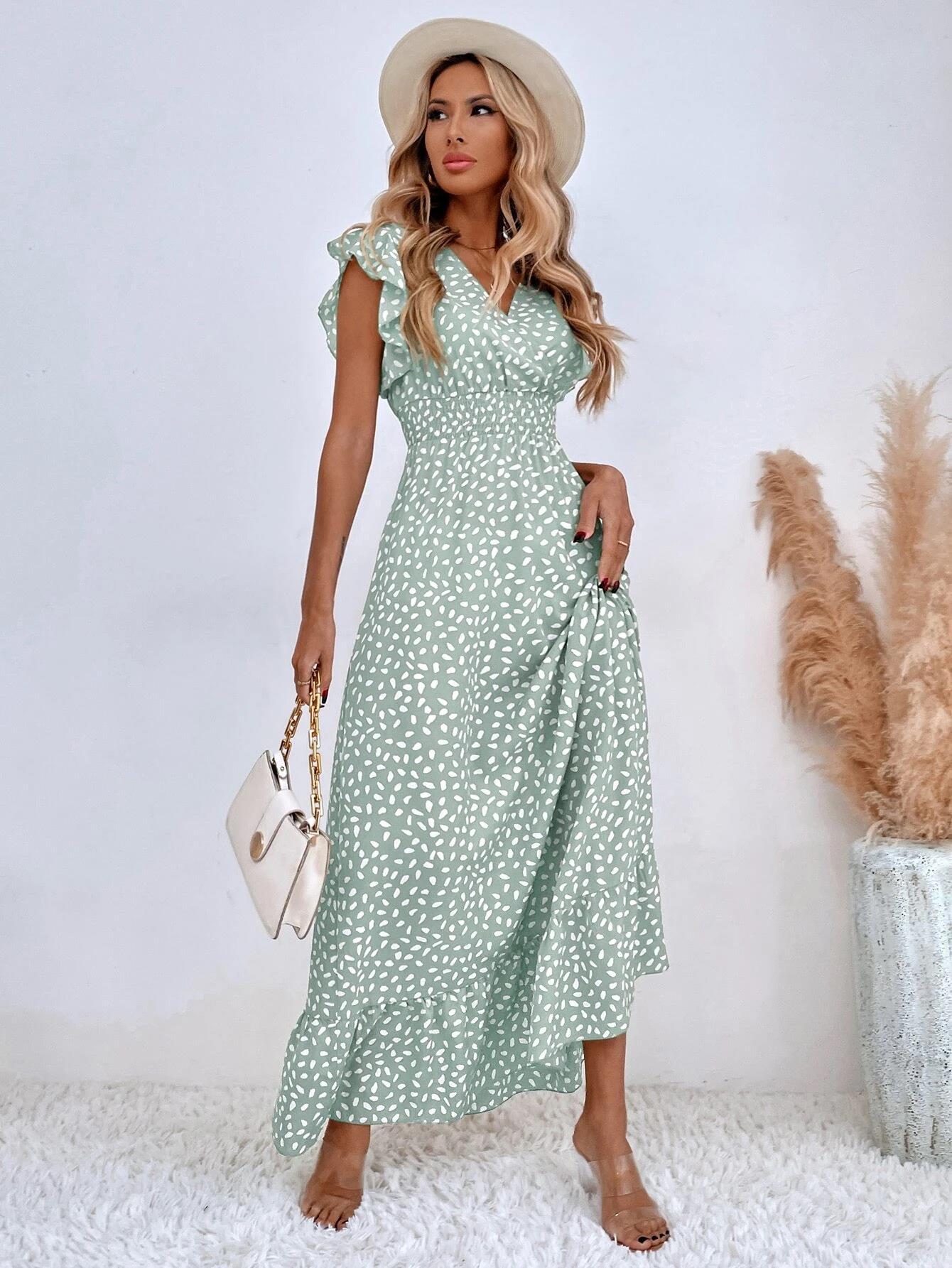 Women's Elegant Ruffle V-Neck Waist-Cinching Dress