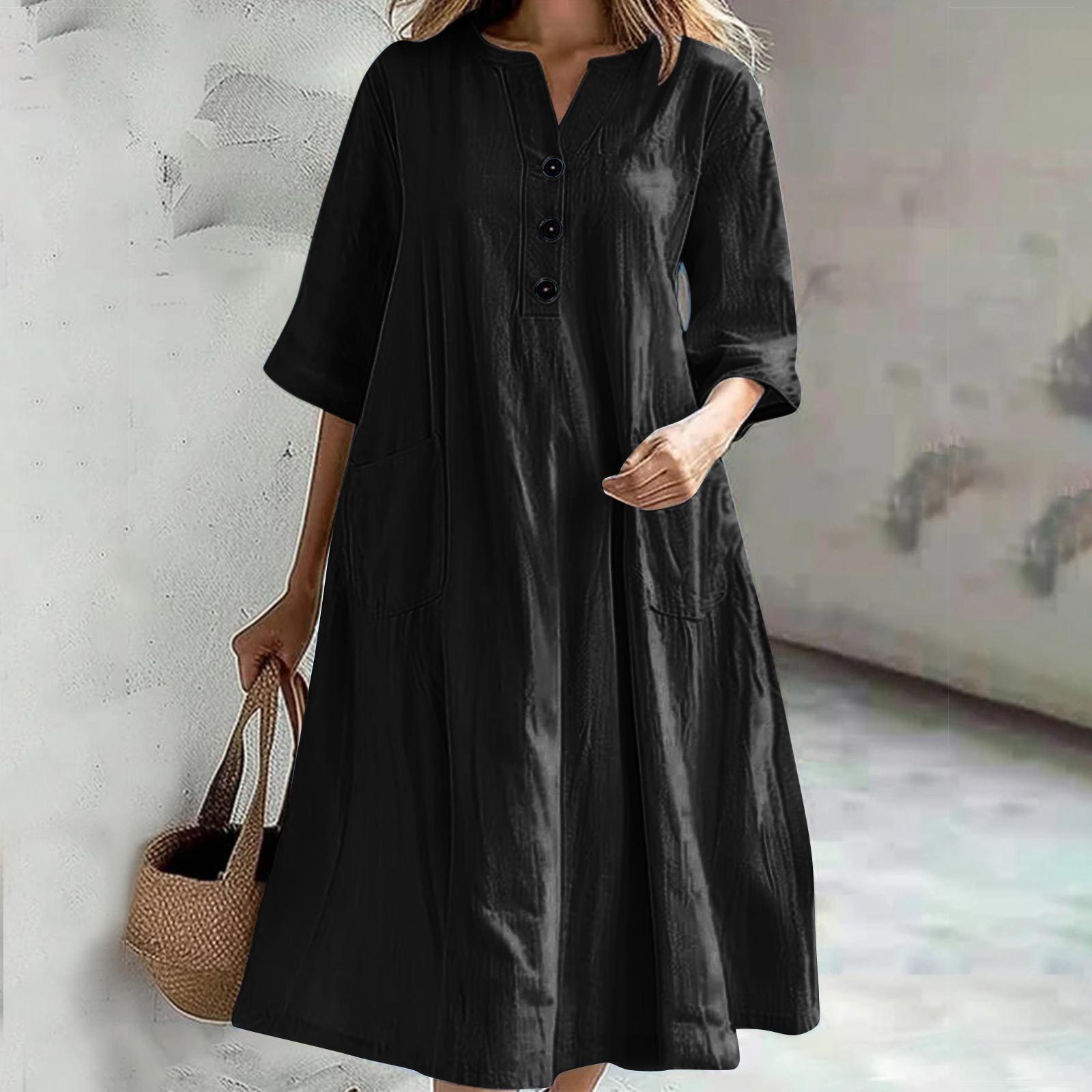 Women's Solid Color Shirt Collar Casual Cotton and Linen Loose Dress