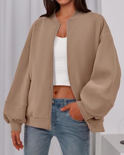 Women's Casual Zip-Up Jacket – Solid Color, Warm, Baseball Collar Design