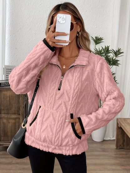 Women's Casual Pocket Zipper V Neck Lambswool Lining Sweatshirt