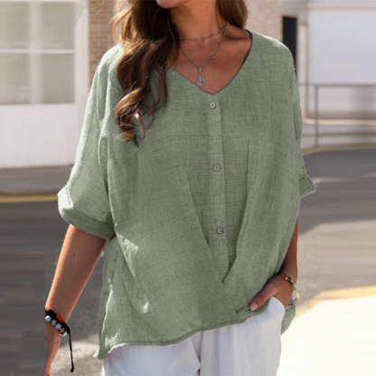 Women's V-neck Imitation Cotton Linen Short Sleeve Loose Shirt