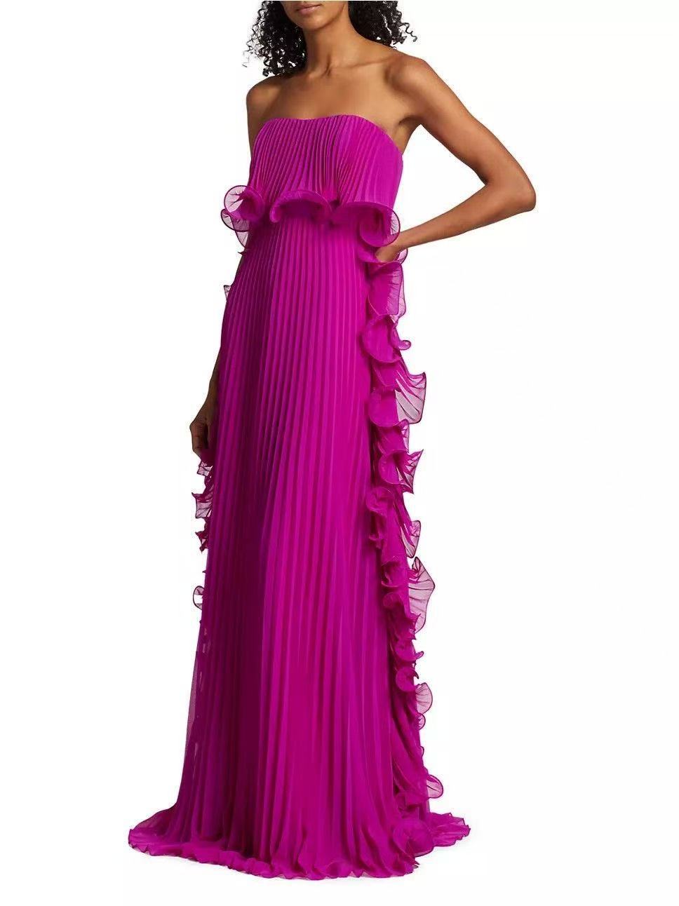 Elegant Chiffon Pleated Wavy Ruffles Trim Strapless Loose Maxi Dress