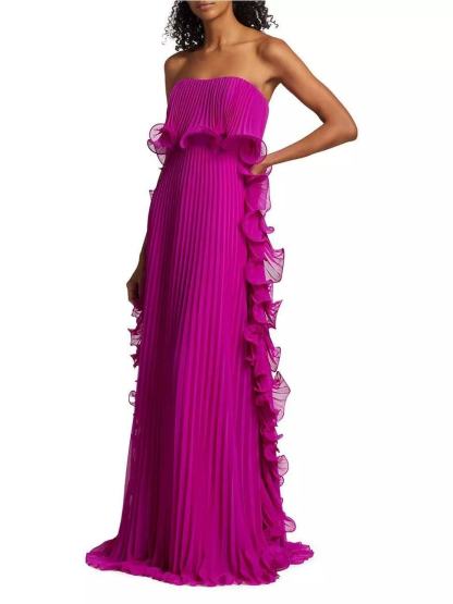 Elegant Chiffon Pleated Wavy Ruffles Trim Strapless Loose Maxi Dress