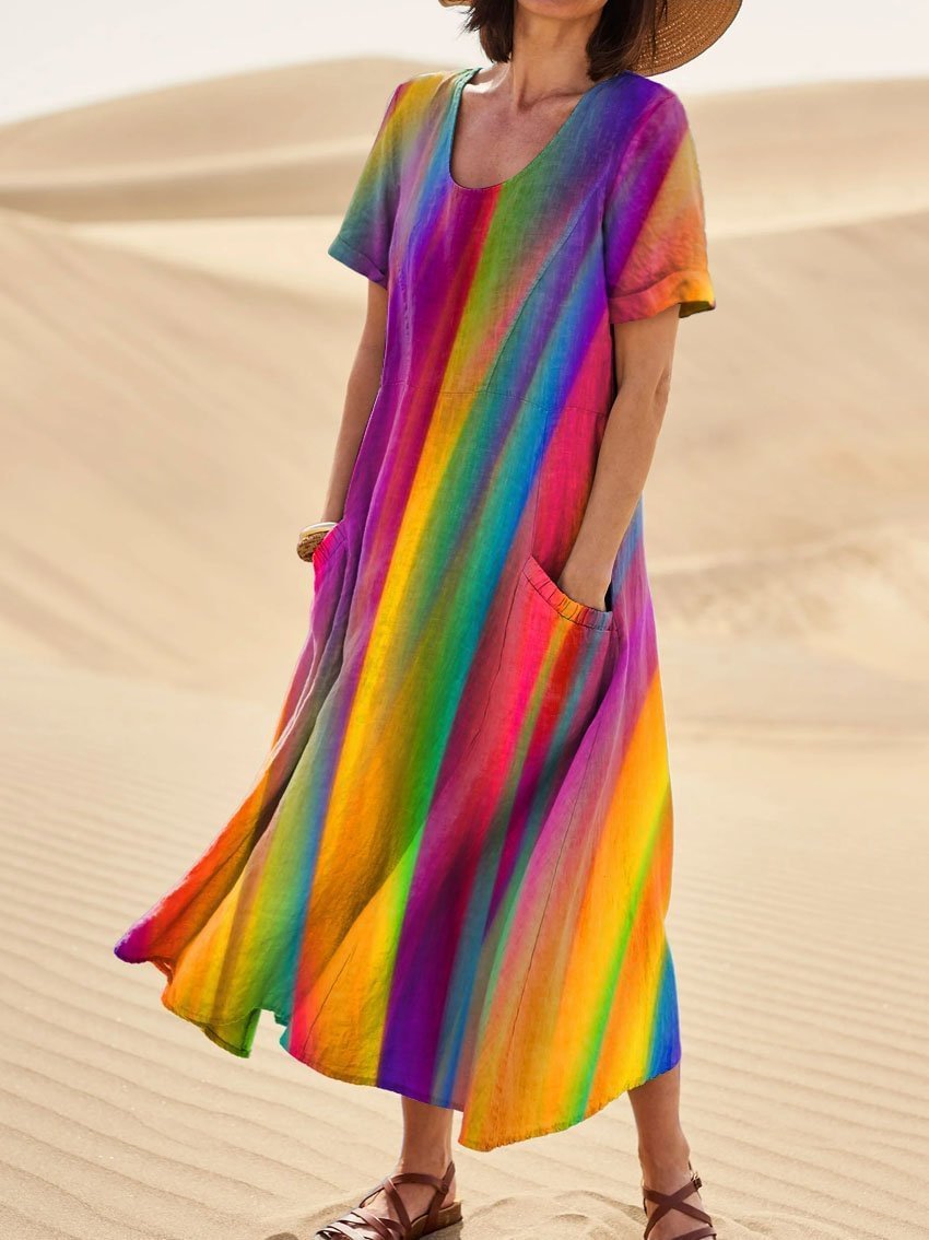 Women's Lovely Floral Art Print Casual Cotton Linen Pocket Dress