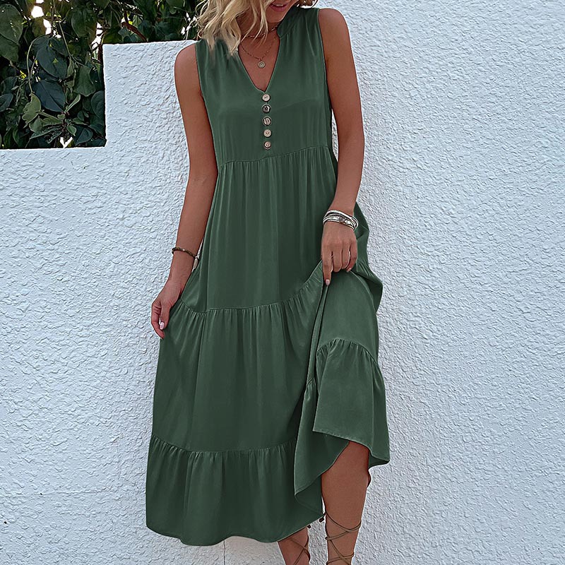 Wholesale V-Neck Button Detailed Boho Midi Ruffle Dress For Women