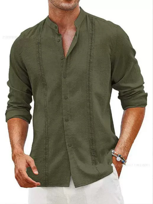 Men's Casual Stand Collar Button-Up Cotton Linen Shirt