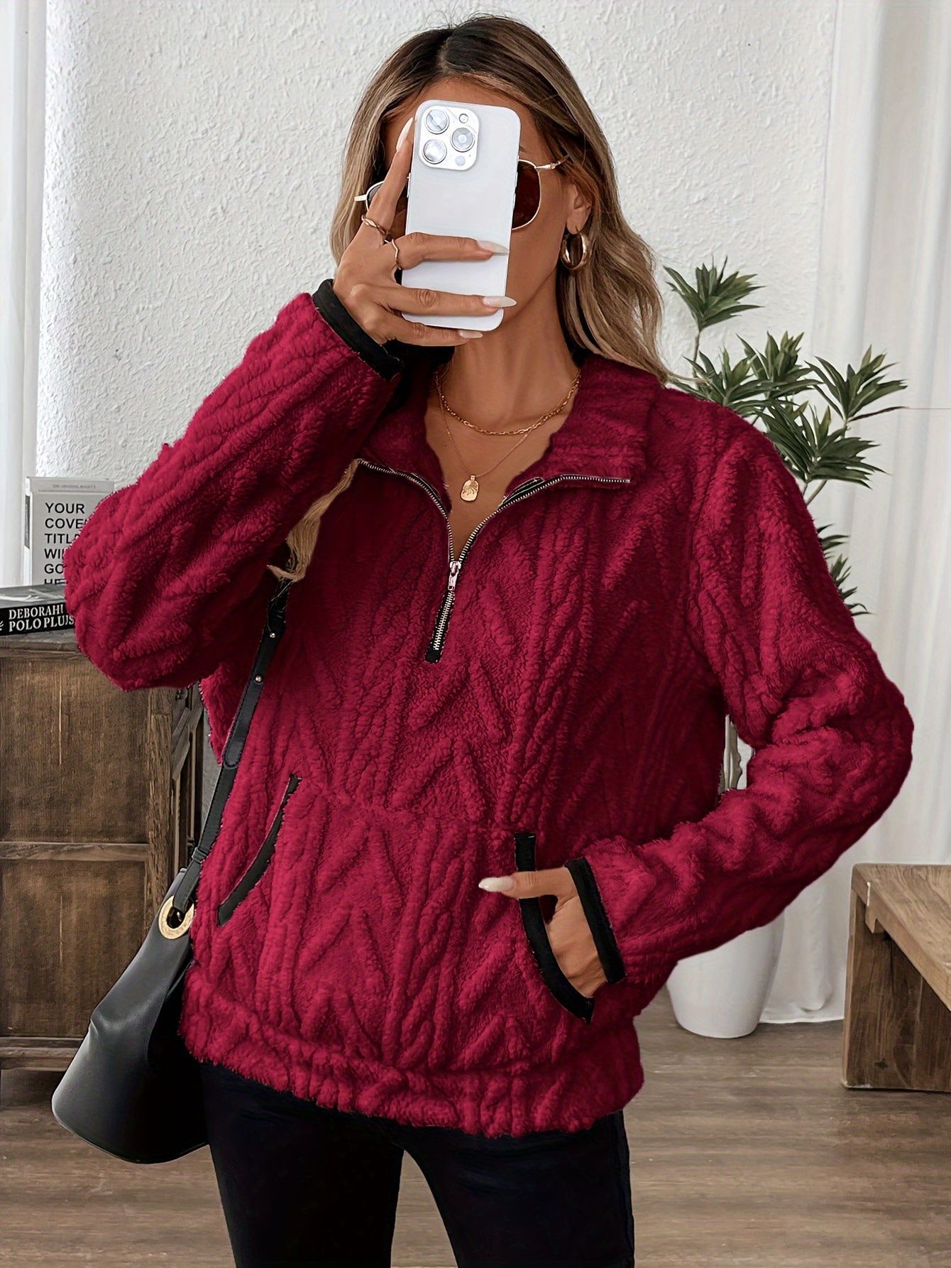 Women's Casual Pocket Zipper V Neck Lambswool Lining Sweatshirt