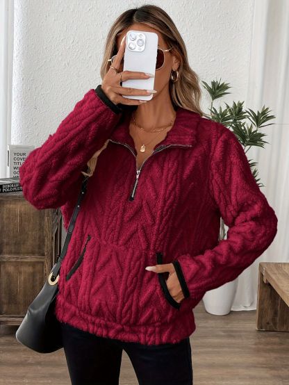 Women's Casual Pocket Zipper V Neck Lambswool Lining Sweatshirt