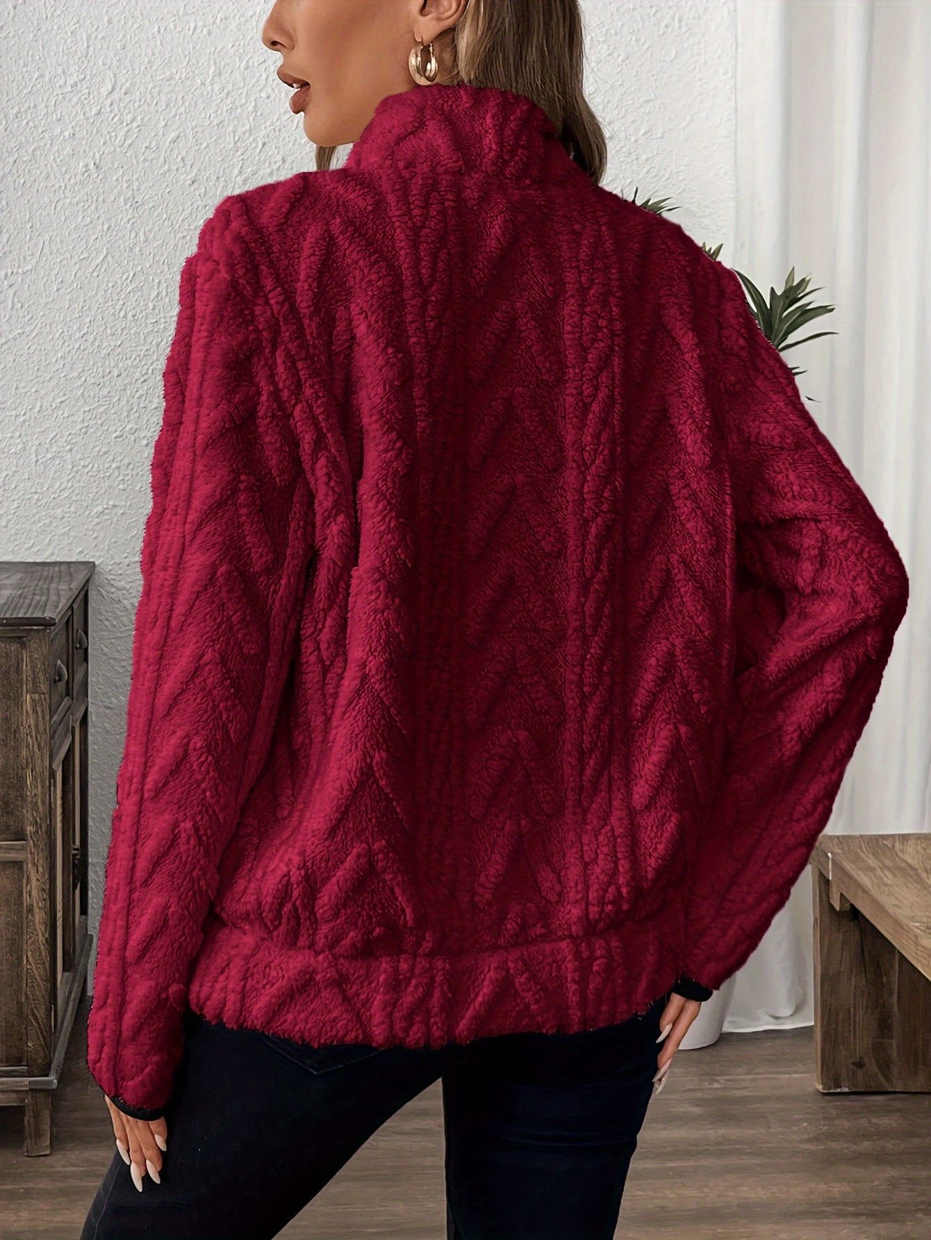 Women's Casual Pocket Zipper V Neck Lambswool Lining Sweatshirt