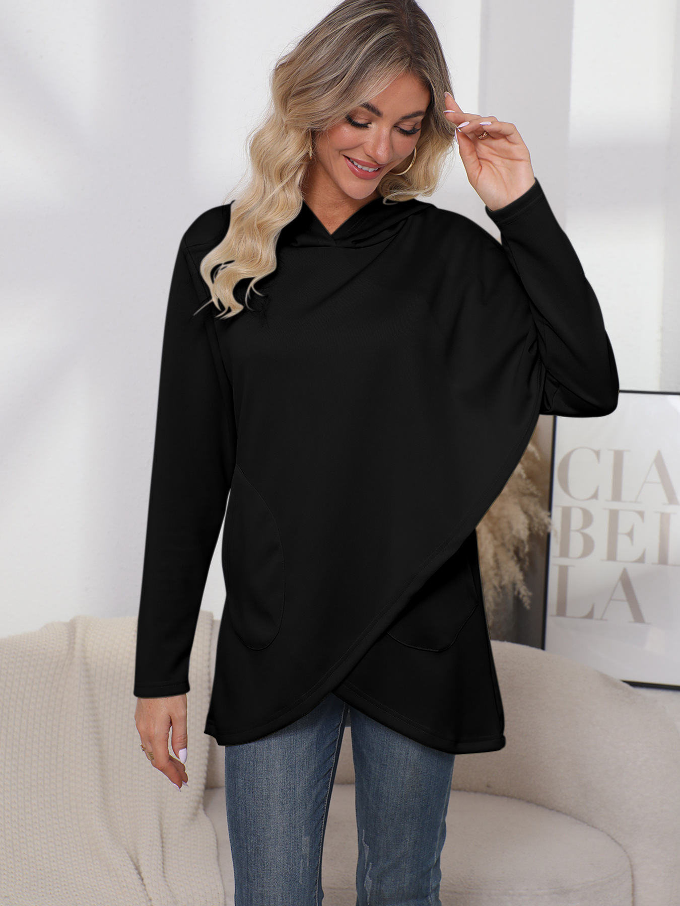 Women’s New Loose Elegant Hoodie – Long Sleeve Irregular Solid Color Sweatshirt
