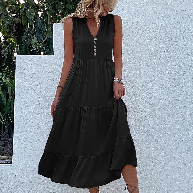 Wholesale V-Neck Button Detailed Boho Midi Ruffle Dress For Women