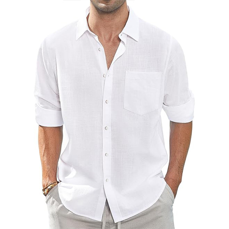 Men's Cotton and Linen Casual Button Long Sleeve Shirt