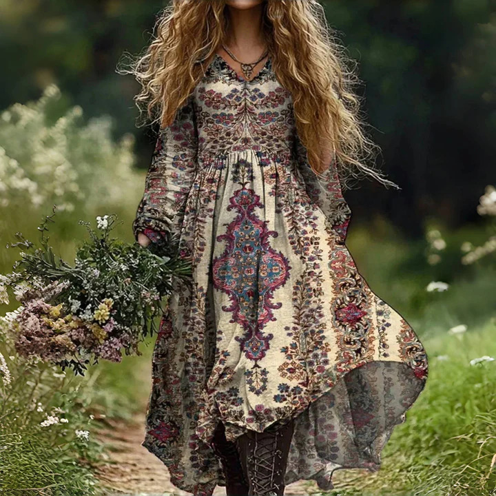 Vintage Floral Embroidery Women's Cotton Long Dress