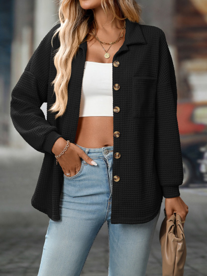 Women's Fashion Loose Waffle Knit Casual Versatile Commuter Shirt