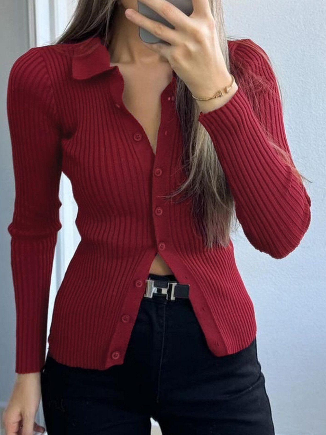 Women's Elegant Solid Color Long Sleeve Knitted Stretch Shirt