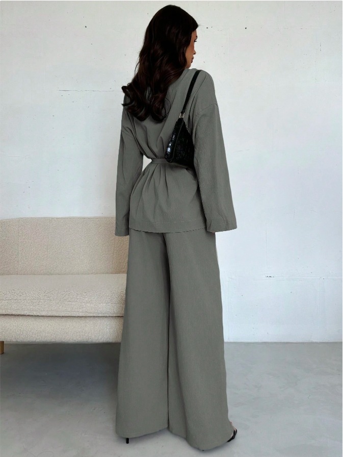 V-neck Elegant Long-Sleeve Wide-Leg Pantsuit