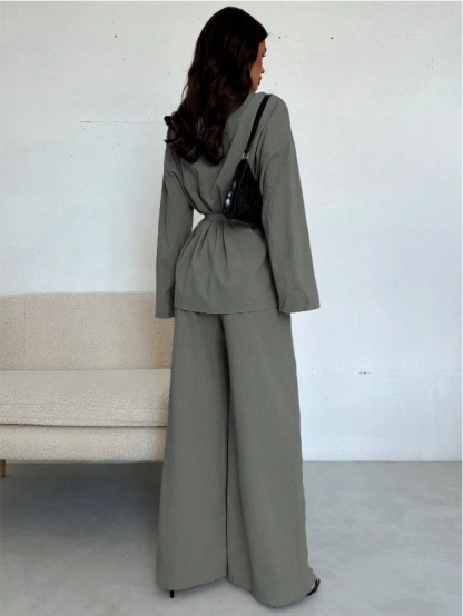 V-neck Elegant Long-Sleeve Wide-Leg Pantsuit