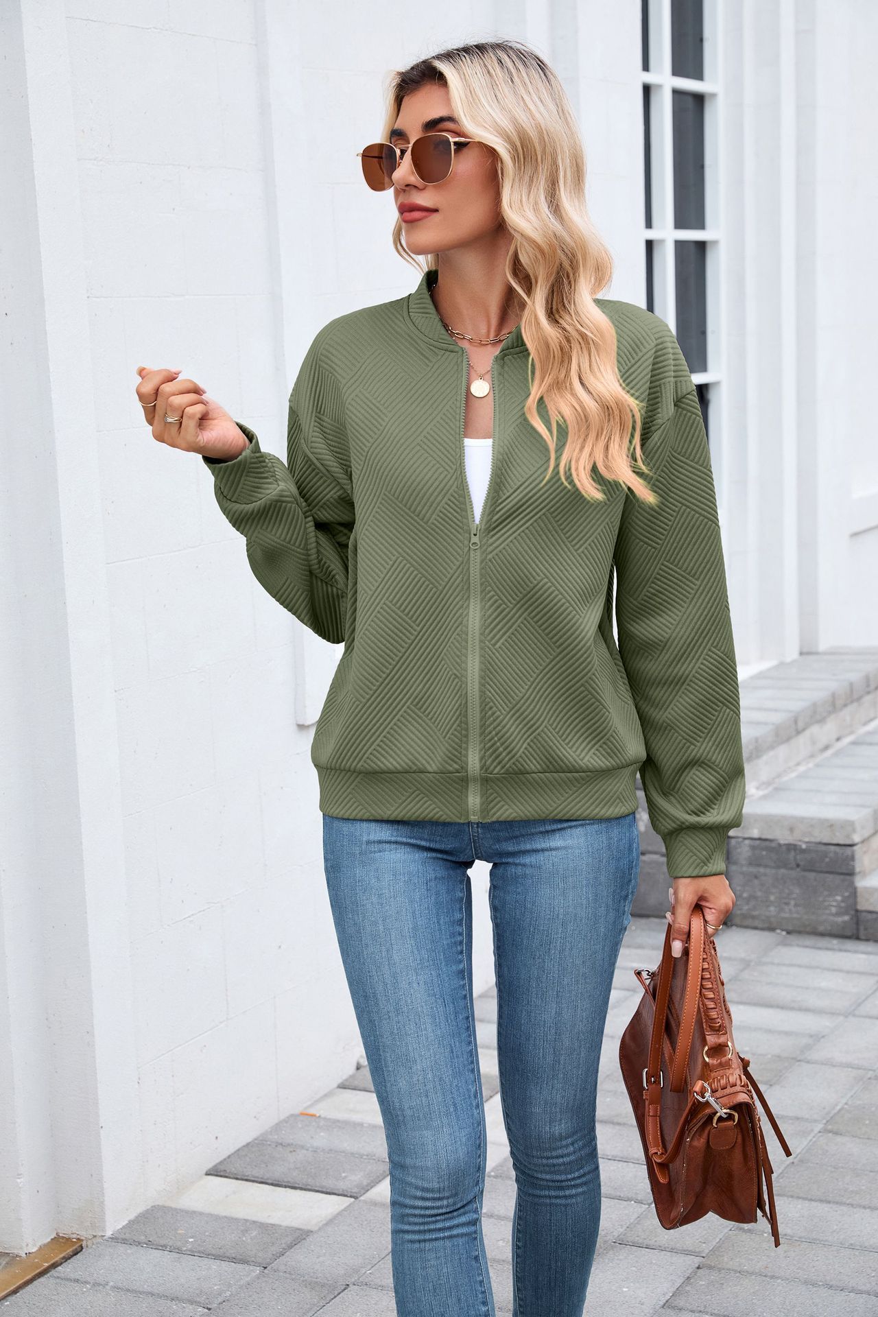 New solid color round neck zipper loose long sleeve sweatshirt baseball jacket