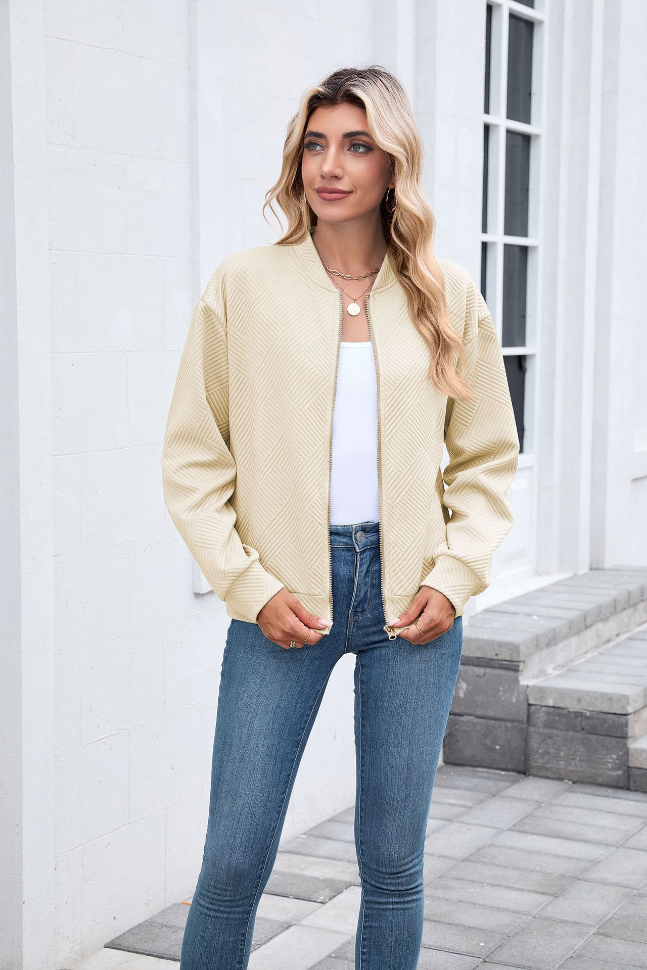 New solid color round neck zipper loose long sleeve sweatshirt baseball jacket