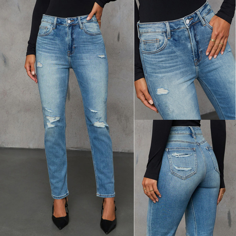 Women's Stretch Elegant Straight-Leg Jeans – Washed & Distressed Fashion Denim for Office & Casual Wear