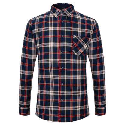 Men's Casual Plaid Shirt – Cotton Brushed, Polo Collar, All Seasons