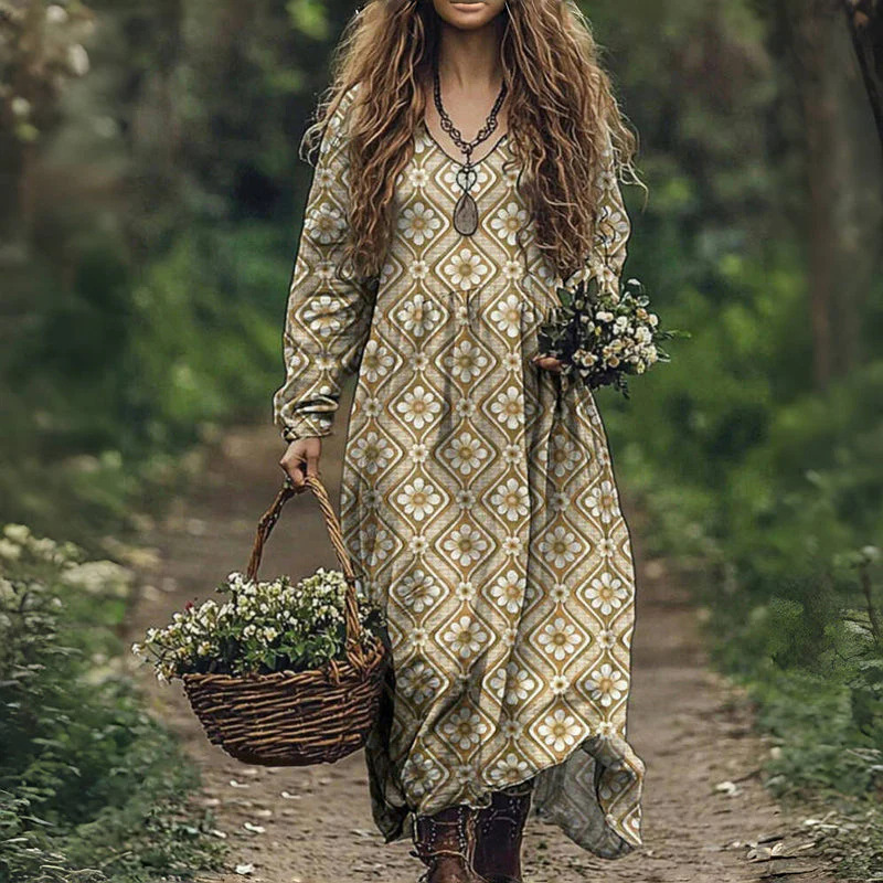 Vintage Floral Embroidery Women's Cotton Long Dress