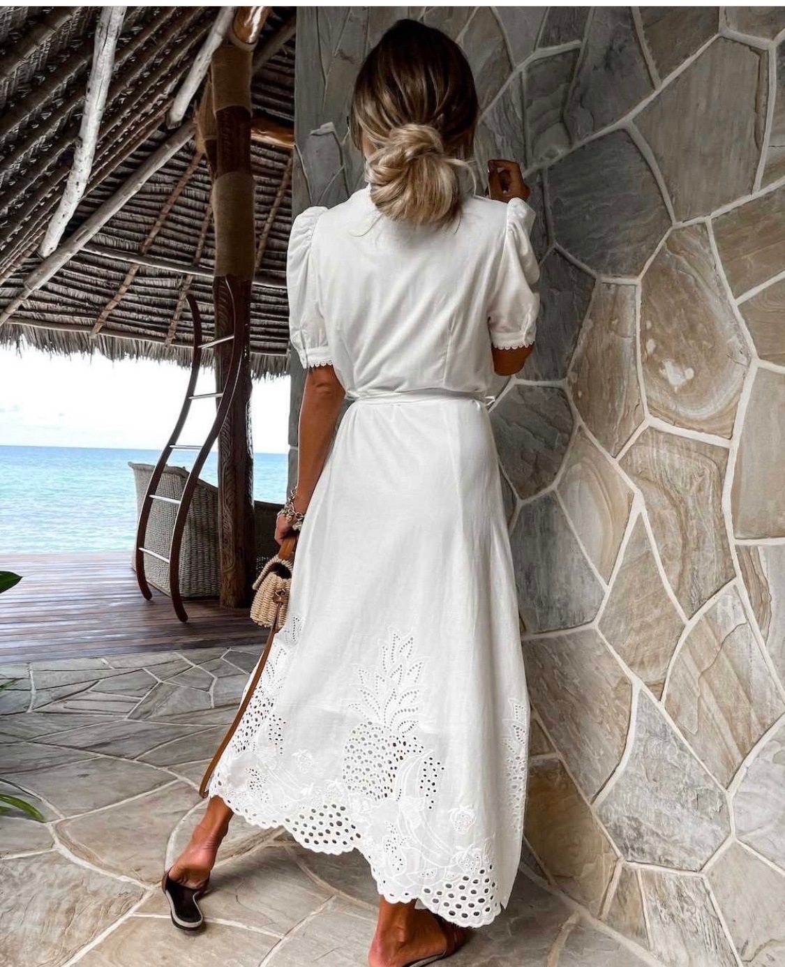 New Summer Elegant Hollow-Out Short-Sleeve Waist-Tie Flared Dress