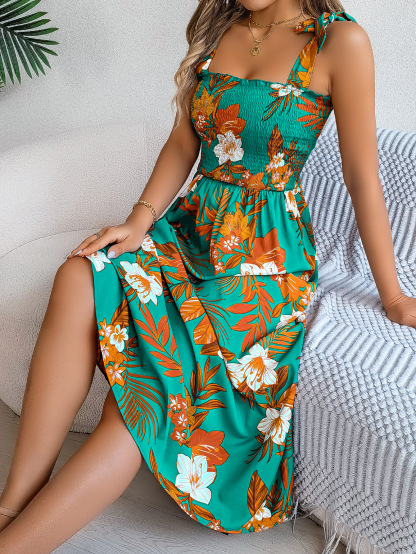 Women’s Elegant Floral Tie-Waist Spaghetti Strap Beach Maxi Dress