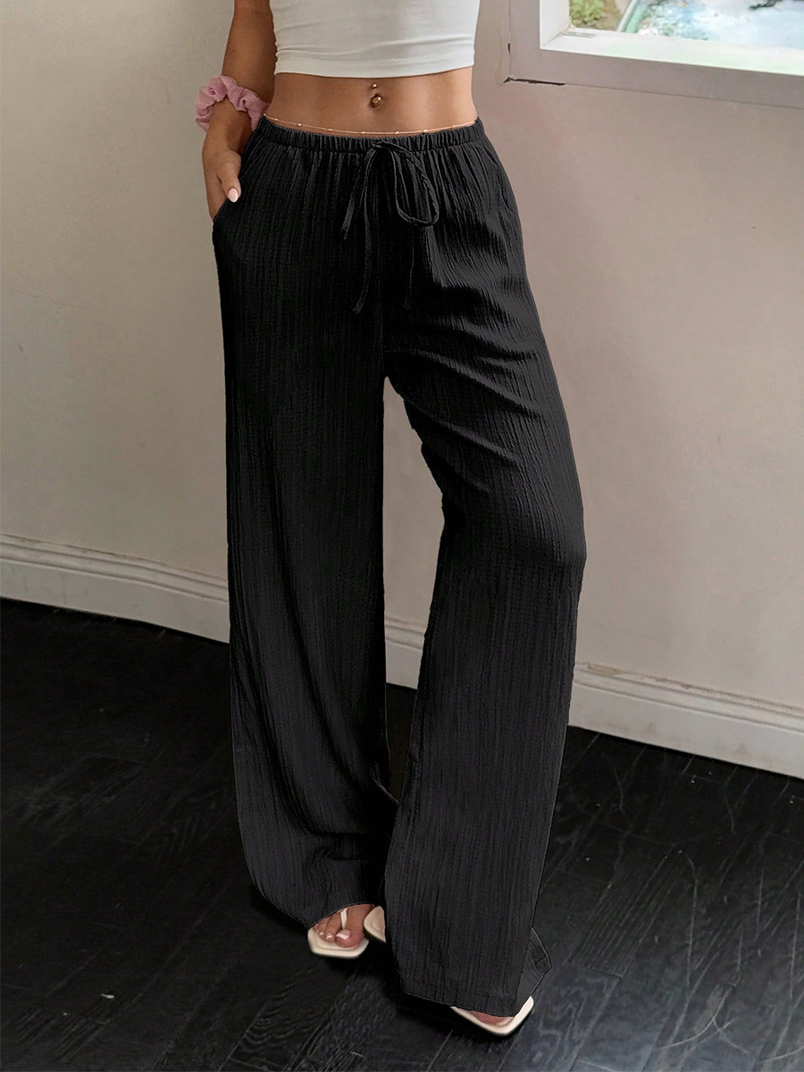 Slimming Wide Leg Pants Loose Drapey Pure Color High Waist Long Casual Trousers For Women Comfortable Breathable Elastic Waist