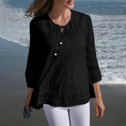 Women's Round Neck Tie Three-quarter Sleeve Hollow Embroidery Stitching Casual Cotton and Linen Top