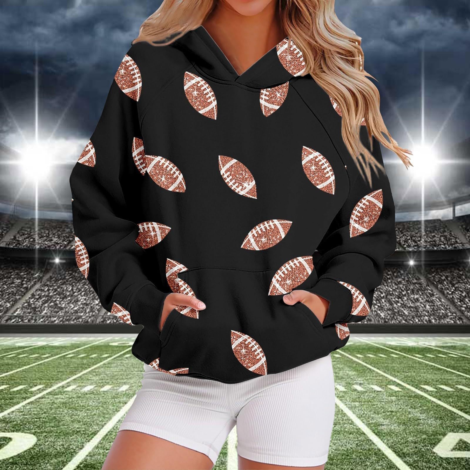 Women’s Sequin Football Hoodie – Long Sleeve Pullover with Pockets, Game Day Graphic Sweatshirt