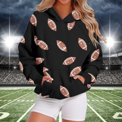 Women’s Sequin Football Hoodie – Long Sleeve Pullover with Pockets, Game Day Graphic Sweatshirt