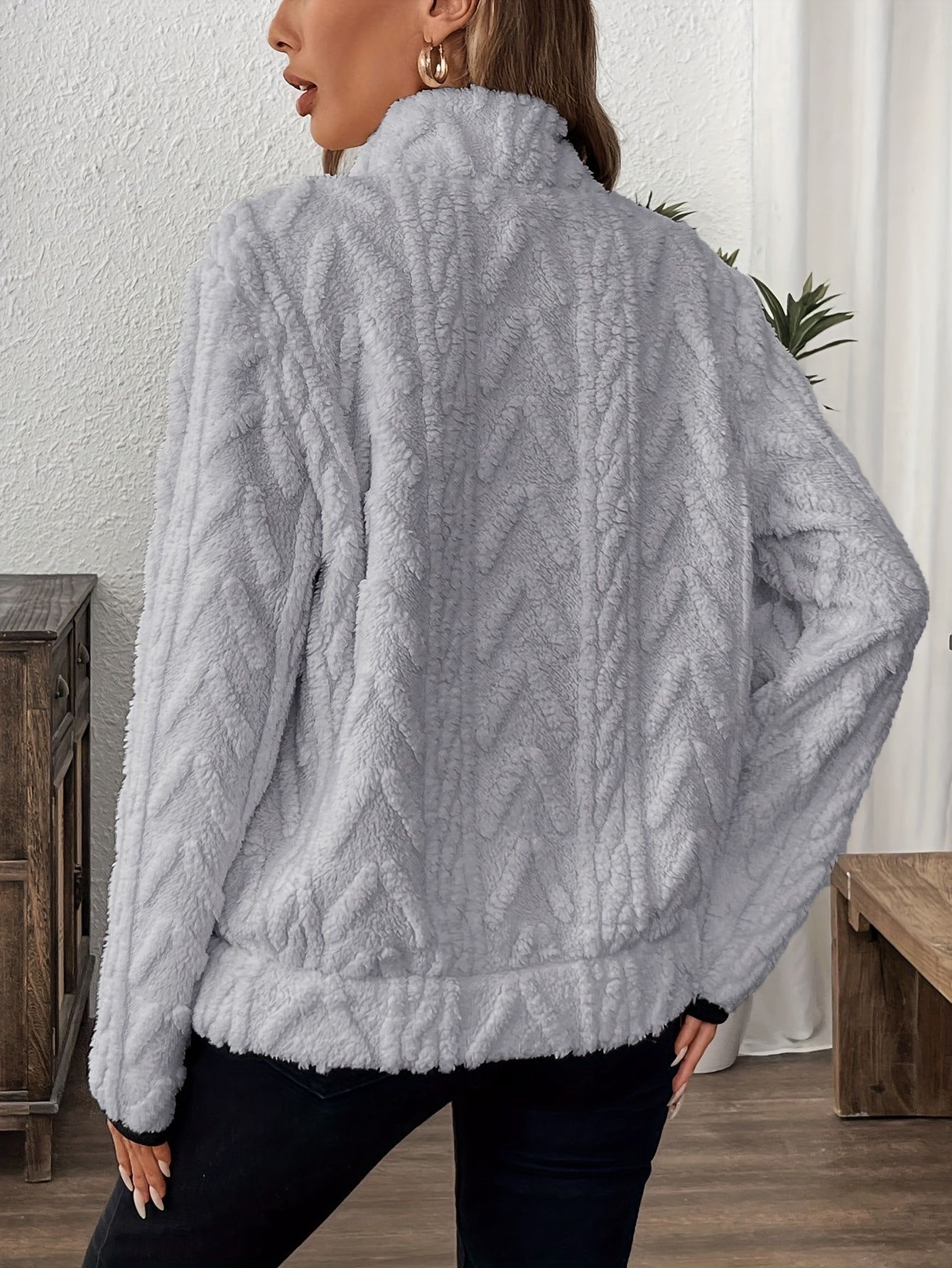 Women's Casual Pocket Zipper V Neck Lambswool Lining Sweatshirt