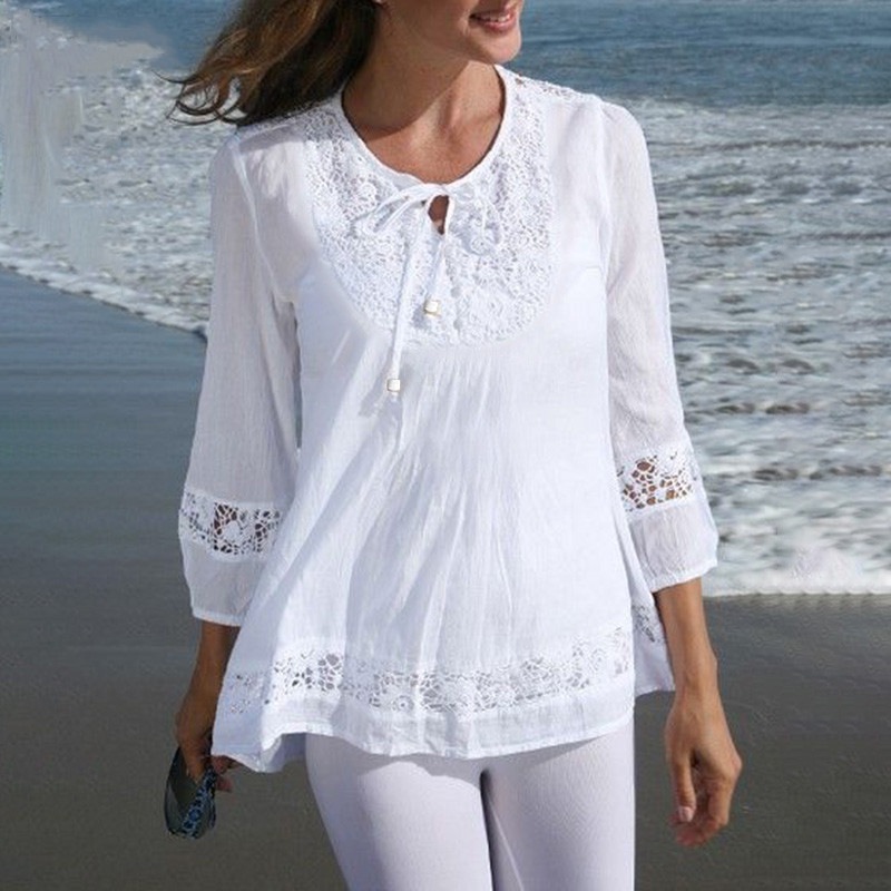 Women's Round Neck Tie Three-quarter Sleeve Hollow Embroidery Stitching Casual Cotton and Linen Top