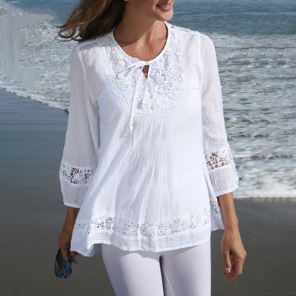 Women's Round Neck Tie Three-quarter Sleeve Hollow Embroidery Stitching Casual Cotton and Linen Top