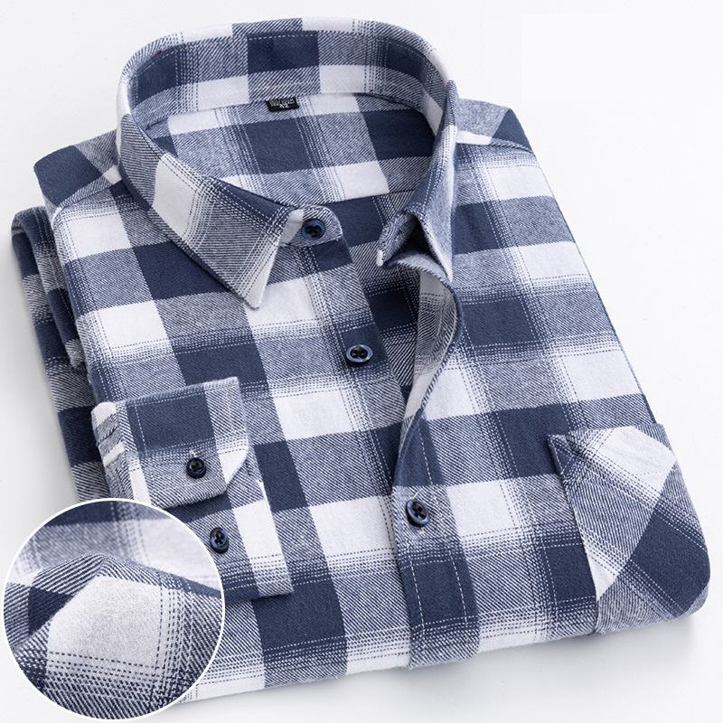 Men's Casual Plaid Shirt – Cotton Brushed, Polo Collar, All Seasons