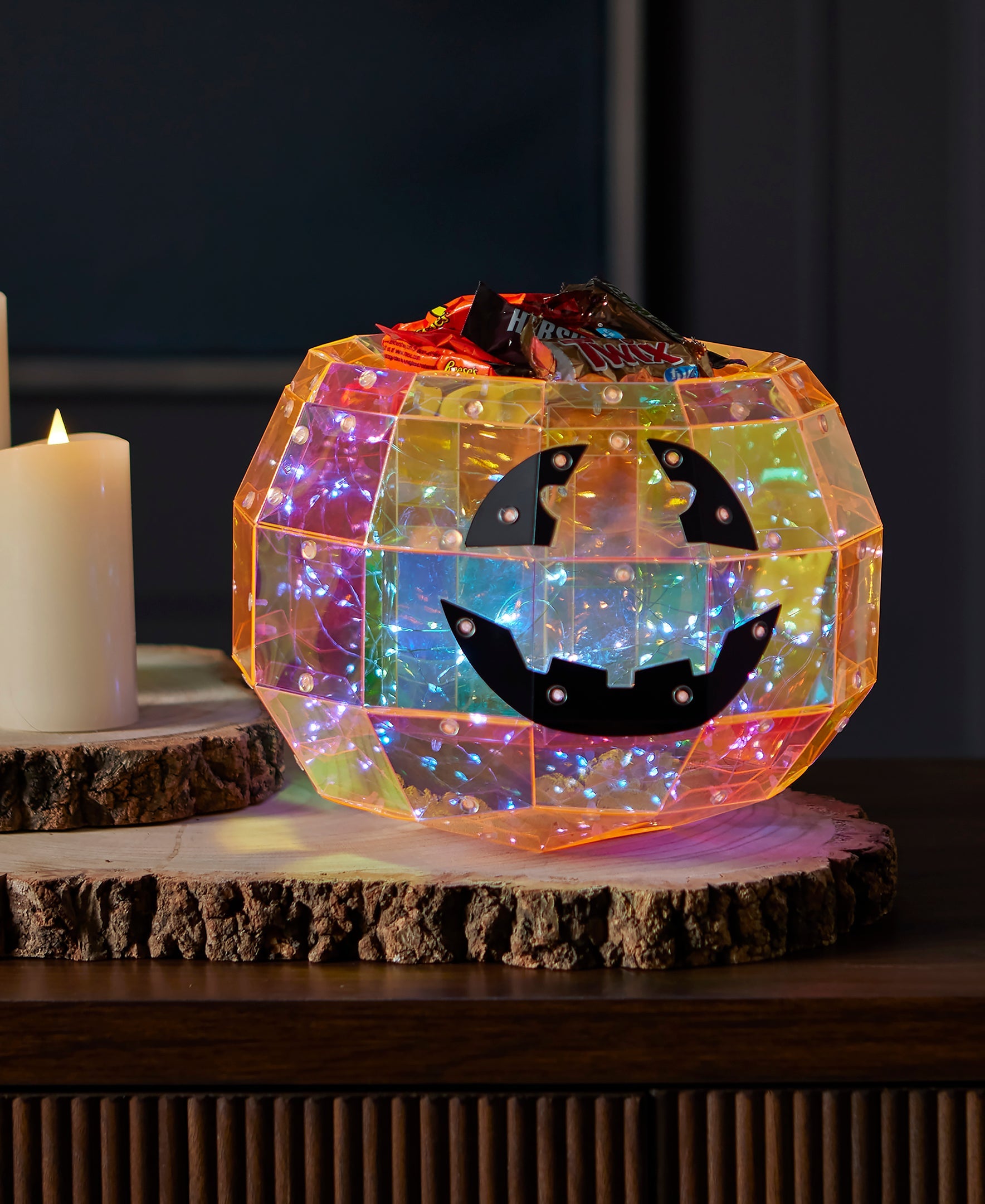 Iridescent Halloween Pumpkin Candy Box 10", LED lights