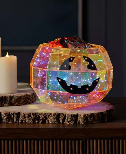 Iridescent Halloween Pumpkin Candy Box 10", LED lights