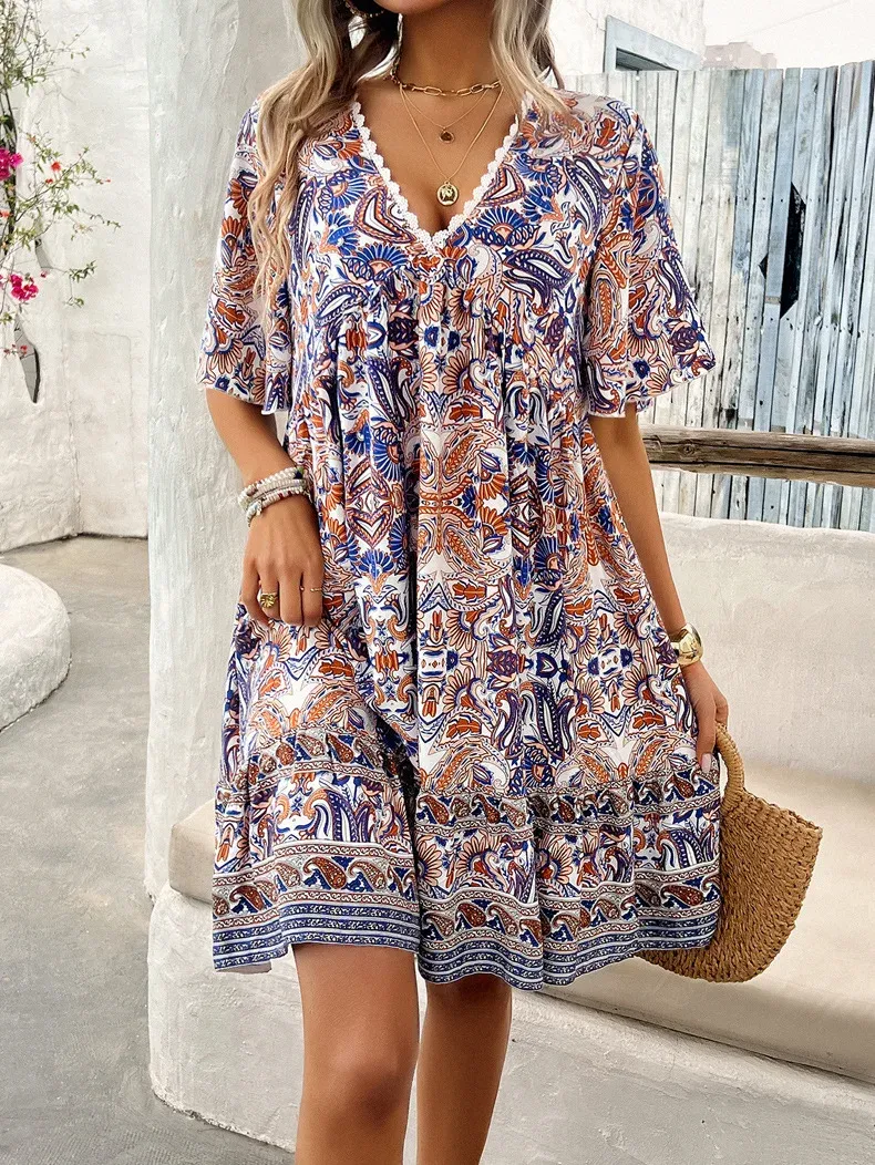 Women's Bohemian Contrast Print V-Neck Short Sleeve Dress