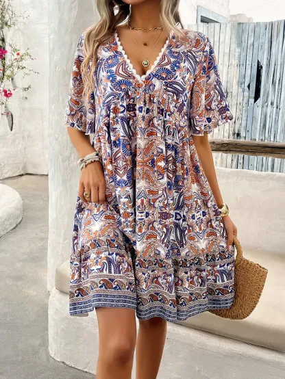 Women's Bohemian Contrast Print V-Neck Short Sleeve Dress
