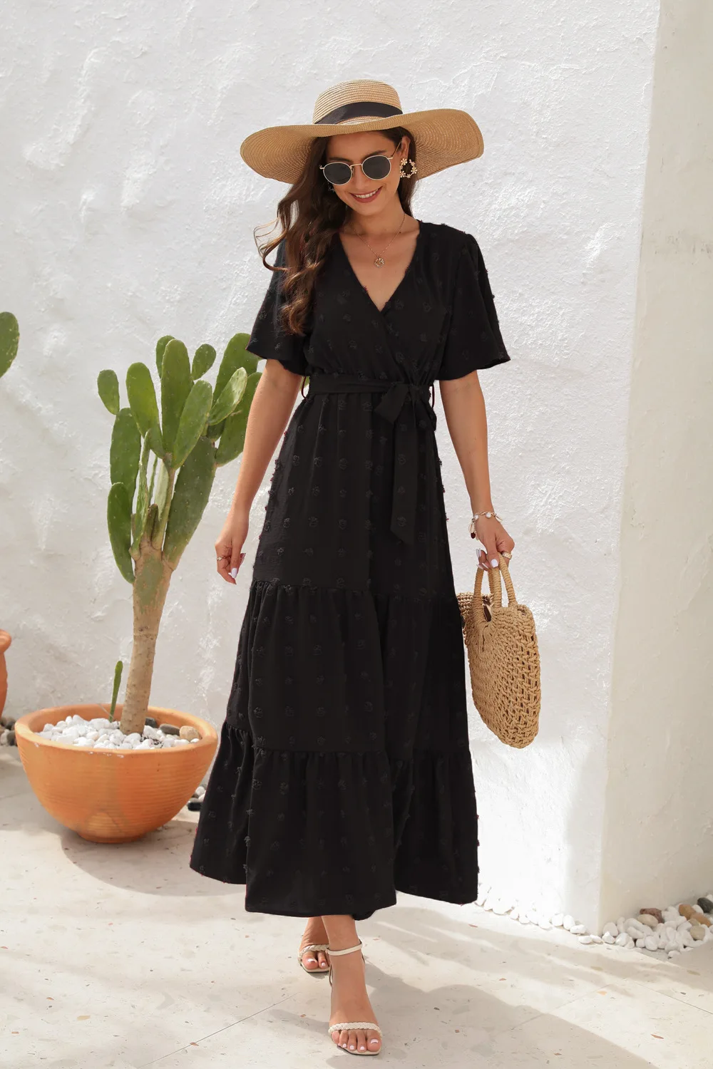 2025 Best-Selling Casual V-Neck High-Waist Belted Maxi Dress