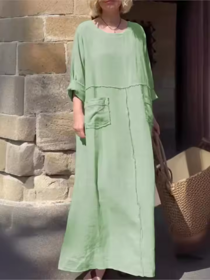 Women's Maxi Dress Solid Plus Size Loose Cotton Linen Long Dresses with Pockets