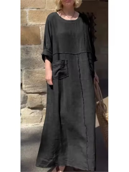 Women's Maxi Dress Solid Plus Size Loose Cotton Linen Long Dresses with Pockets