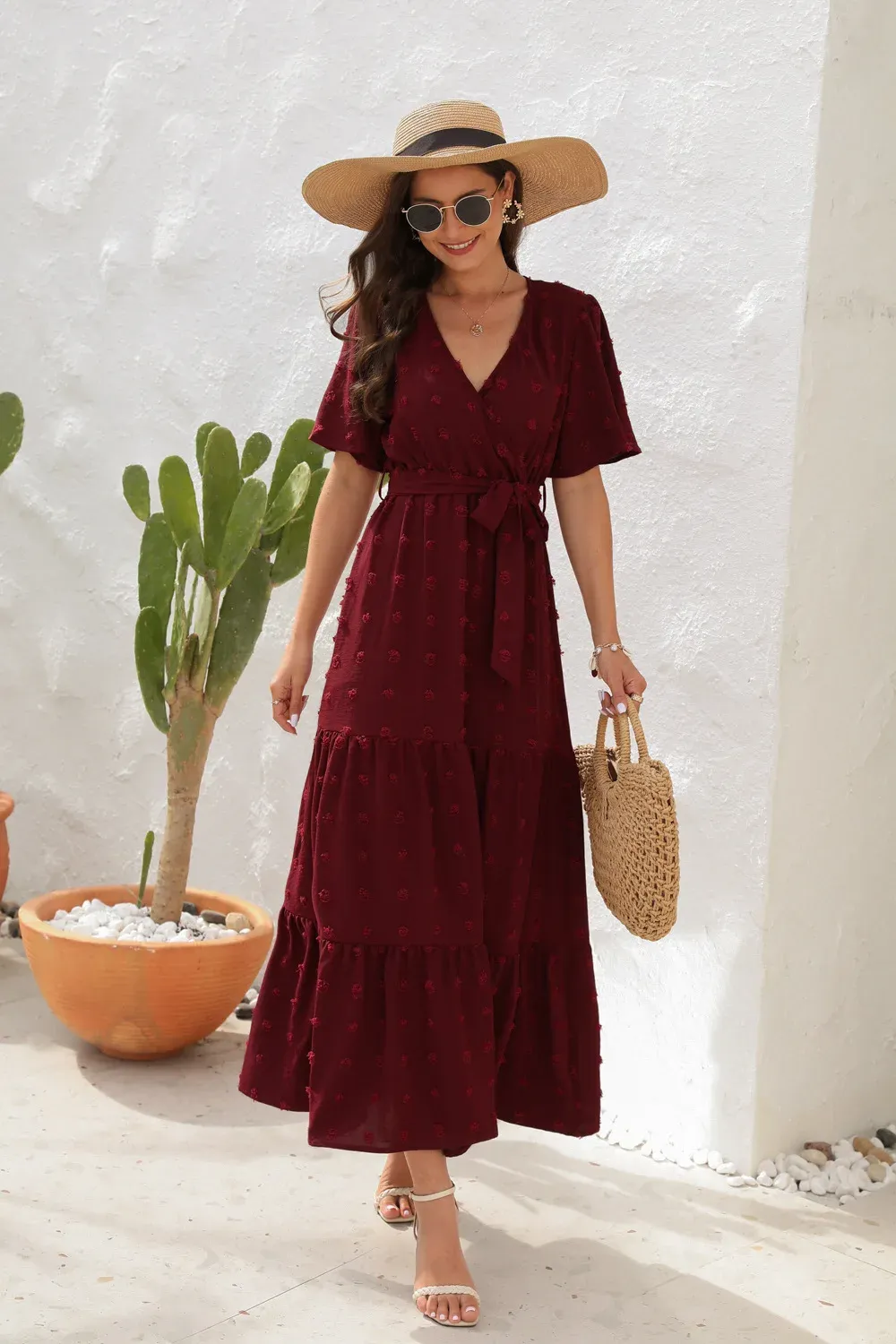 2025 Best-Selling Casual V-Neck High-Waist Belted Maxi Dress