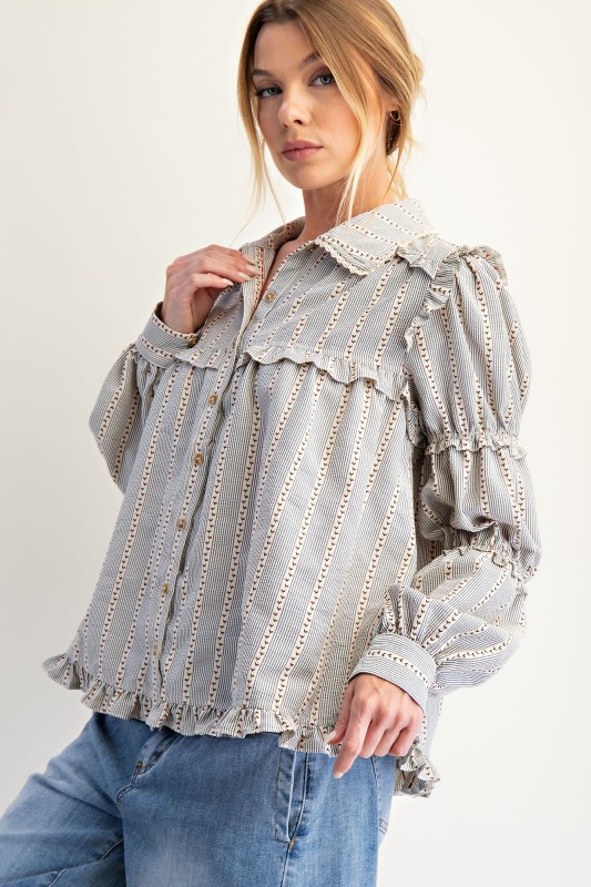 New Autumn Women's Fashion Lace Long Sleeve Striped Shirt Jacket-Pre-sale